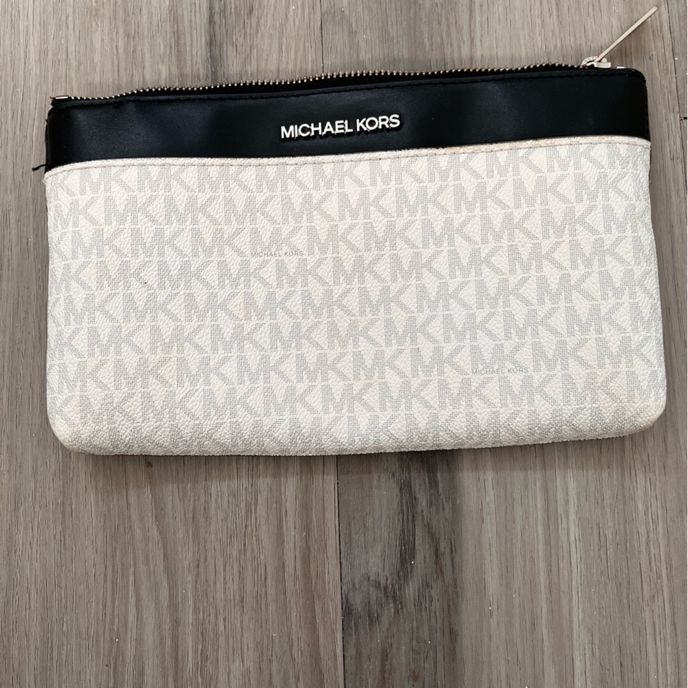 Michael Kors White MK Monogram Zip Clutch Pouch with Black Trim